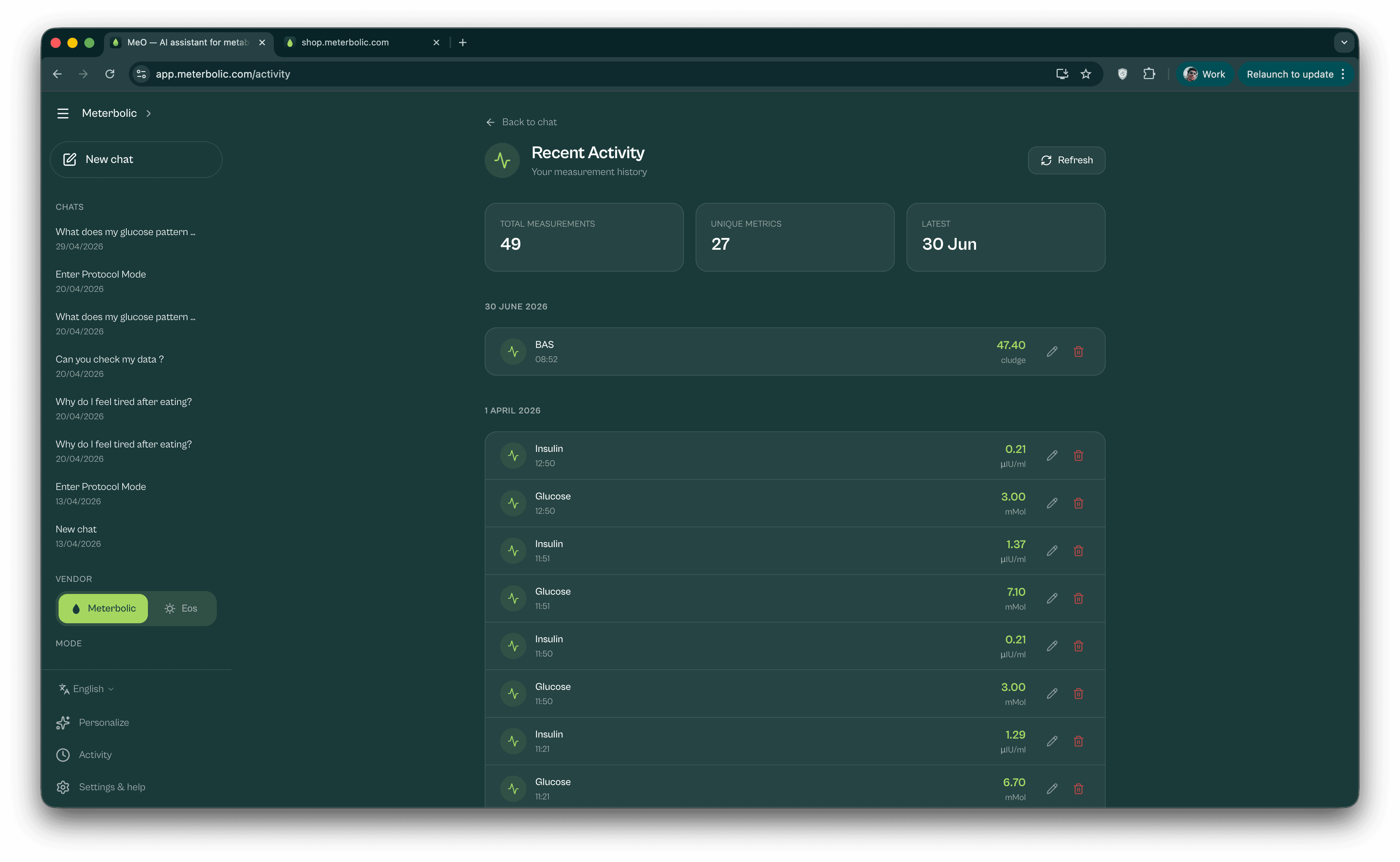 Meo AI — recent activity & readings