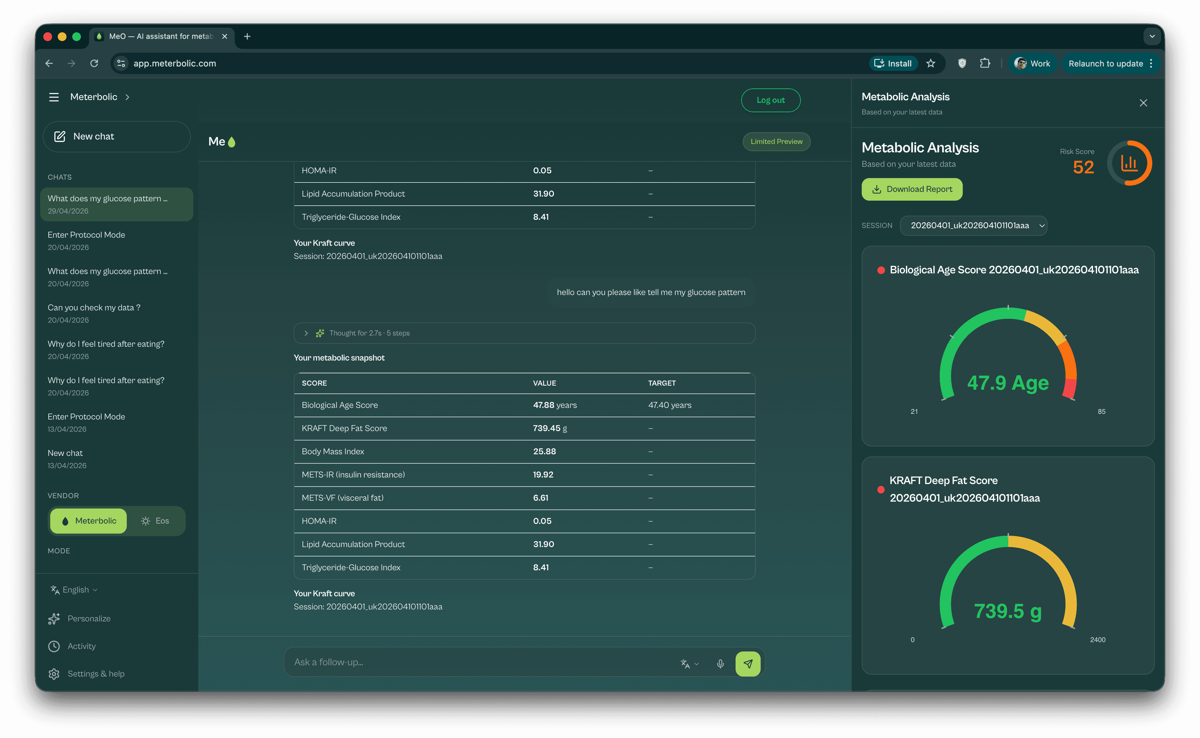 Meo AI — metabolic analysis dashboard